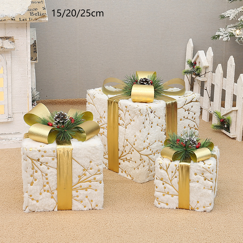 V888-ELOSUNG11186-208614-00 Set of 3 Elegant Christmas Gift Boxes with Gold Ribbon & Pine Accents,without lights - Perfect Indoor Holiday Decoration (15/20/25cm) - Image 1