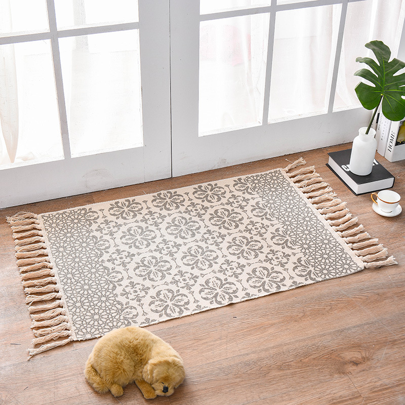 V888-ELOSUNG11280-208882-00 Bohemian Cotton Area Rug with Tassels - Geometric Pattern, Decorative Floor Mat 60*90cm - Image 1