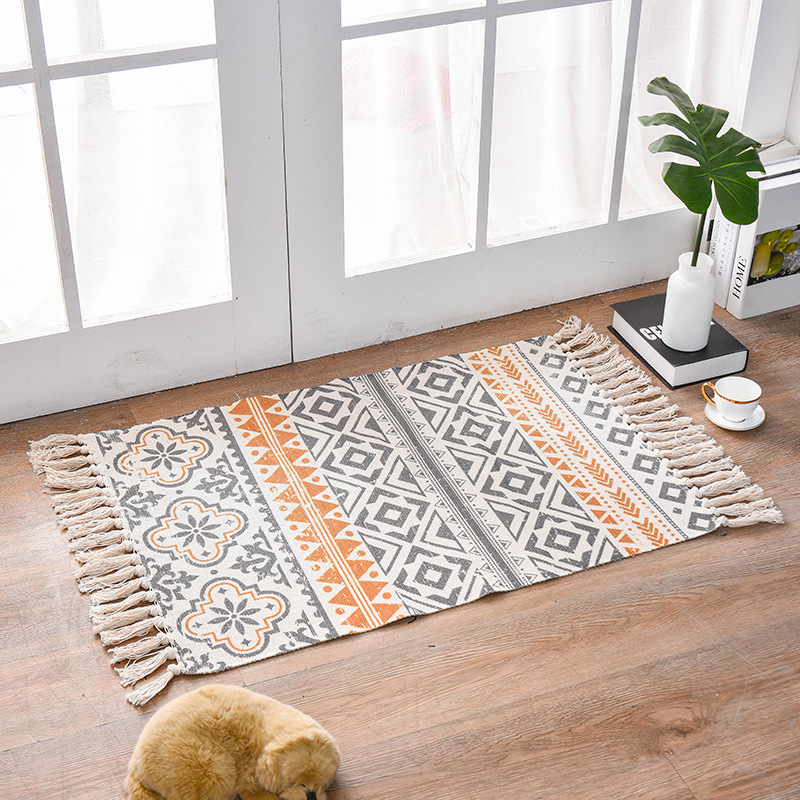 V888-ELOSUNG11285-208898-00 Bohemian Cotton Area Rug with Tassels - Geometric Pattern, Decorative Floor Mat 60*90cm - Image 1