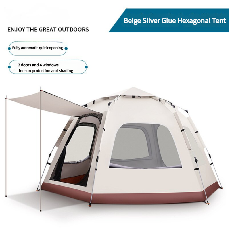 V888-ELOSUNG11288-208899-00 5-8 Person Hexagonal Camping Tent | Double-Layer Silver Coated Waterproof Shelter with Awning (280*280*158cm) - Image 1