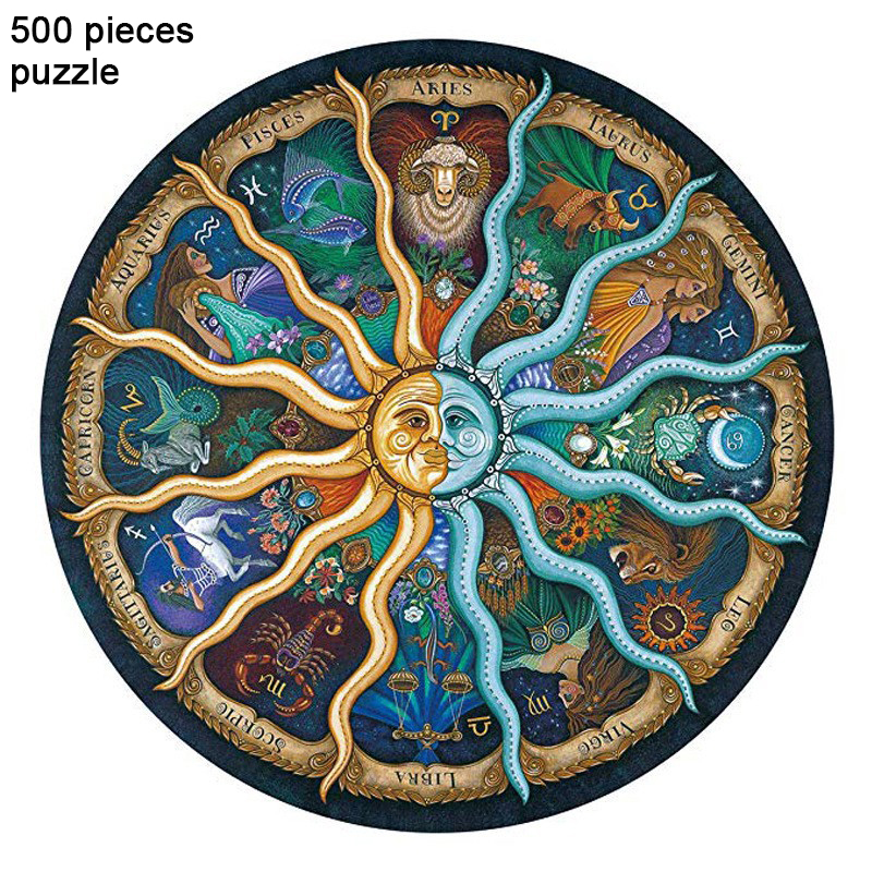 V888-ELOSUNG11309-209181-00 500 Piece Zodiac Circle Jigsaw Puzzle - Colorful Astrology Sun and Moon Jigsaw Puzzle for Adults and Kids - Image 1