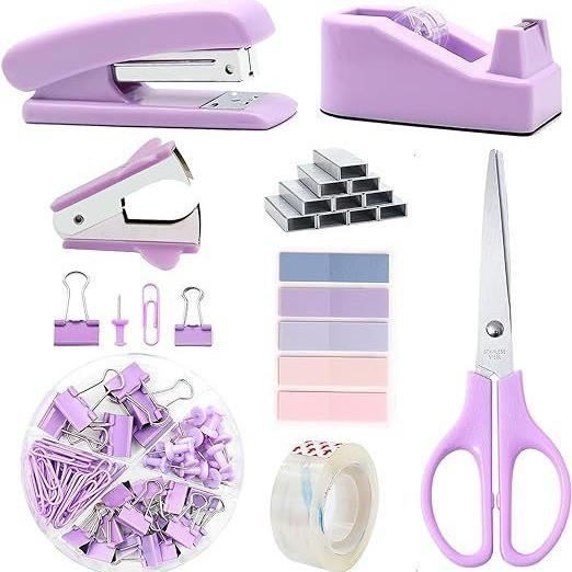 V888-ELOSUNG11329-209250-00 Lavender Office Stationery Set - 15-Piece Desk Organizer Kit with Stapler, Tape Dispenser, Scissors, and More TZ123 - Image 1