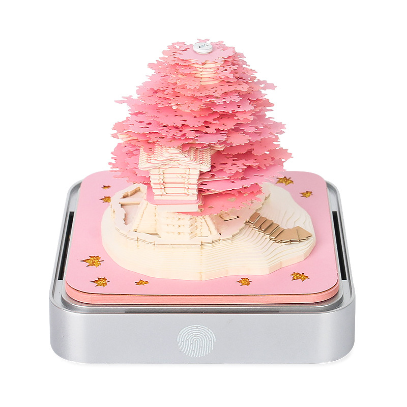 V888-ELOSUNG11393-209301-00 Pink Tree House 3D Paper Sculpture Night Light with Notepad, Silver Base - Elegant Gift Set for Home and Office - Image 1
