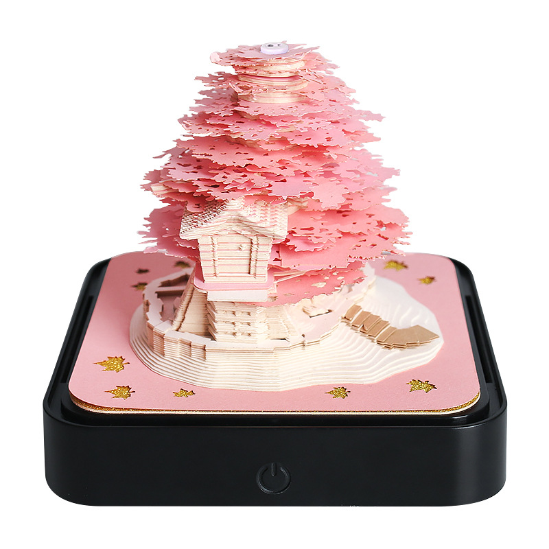 V888-ELOSUNG11394-209364-00 Pink Tree House 3D Paper Sculpture Night Light with Notepad, Black Base - Elegant Gift Set for Home and Office - Image 1