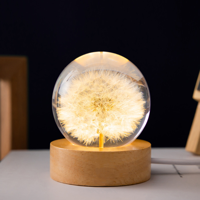 V888-ELOSUNG11473-210678-00 Luminous 3D Dandelion Crystal Ball Beech Wood Stand Base Preserved Flower Sphere Ball Desktop Ornaments Bithday Christmas Gifts - Image 1