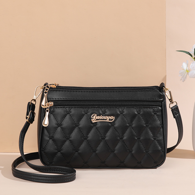 V888-ELOSUNG11550-209468-00 Black PU Leather Quilted Crossbody Bag for Women - Compact Multi-Compartment Shoulder Purse - Image 1