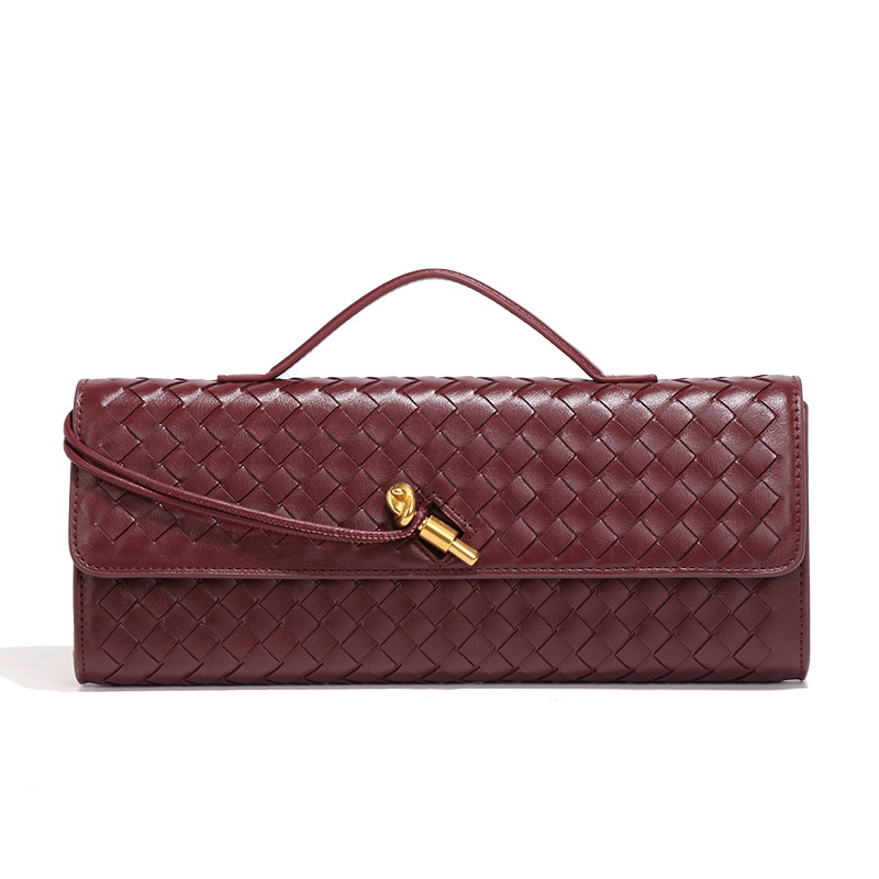 V888-ELOSUNG11558-209476-00 Wine Red Luxury Woven PU Leather Clutch - Elegant Women's Evening Baguette Bag with Adjustable Shoulder Strap - Image 1