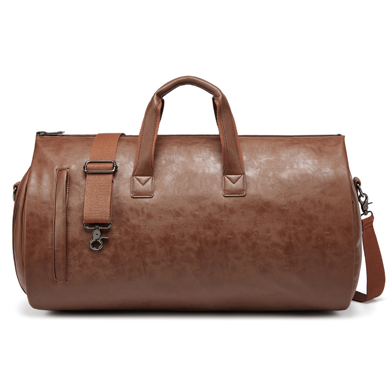 V888-ELOSUNG11567-209524-00 Brown PU Leather Travel Duffel Bag - Large Capacity Waterproof Suit Bag with Shoe Compartment - Image 1