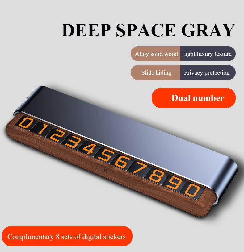 V888-ELOSUNG11670-209671-00 Gray Dual-Number Alloy and Wood Temporary Parking Card - Sliding Privacy Design, Includes 8 Number Sets - Image 1