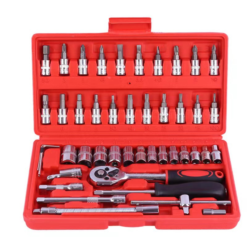 V888-ELOSUNG11671-209679-00 46-Piece Professional Socket Wrench Set - 1/4 Drive, Chrome Vanadium Steel, Ratchet & Bit Kit for Automotive and Household Repairs Red Box - Image 1