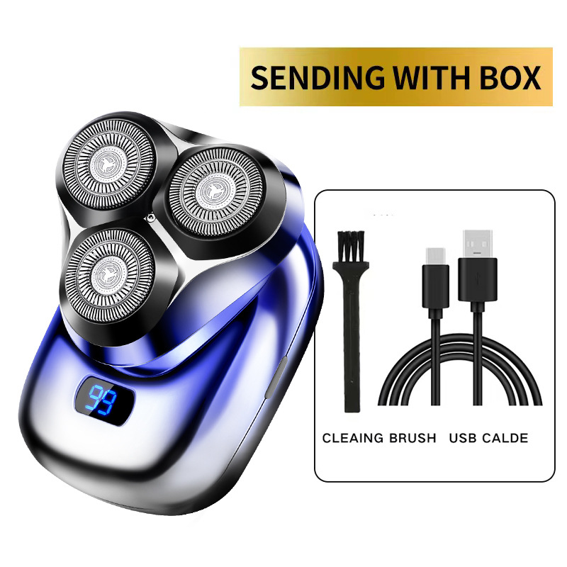 V888-ELOSUNG11689-209757-00 TS-099 Blue Rechargeable Electric Rotary Shaver for Men with LED Display, USB Charging Cable, and Cleaning Brush - Compact & Portable Design - Image 1