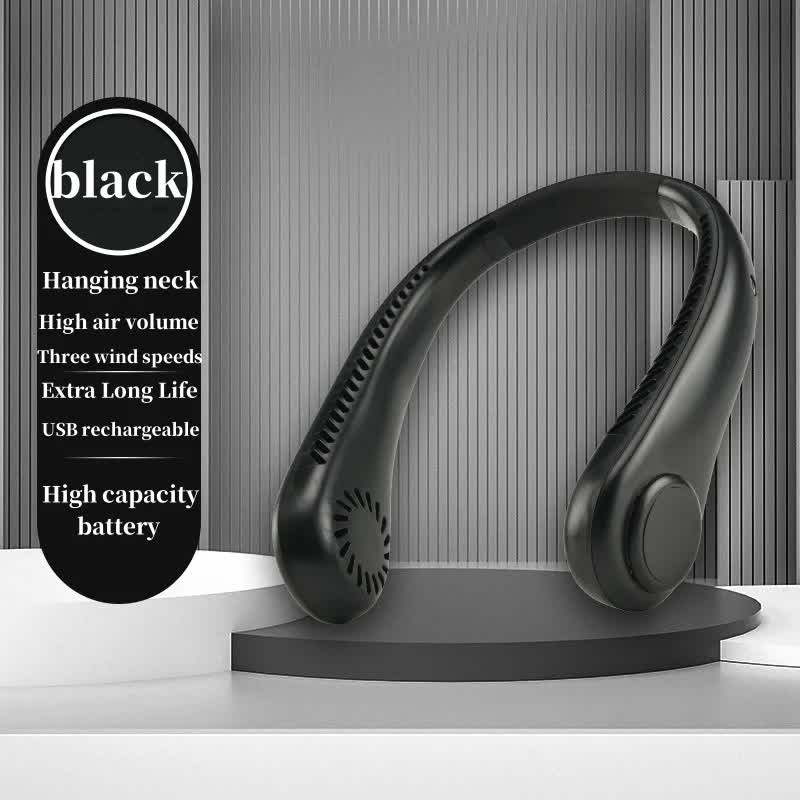 V888-ELOSUNG11739-209828-00 2PCS Black Leafless Hanging Neck Fan - Rechargeable Portable Hands-Free Cooling Fan with 3 Speeds - Image 1