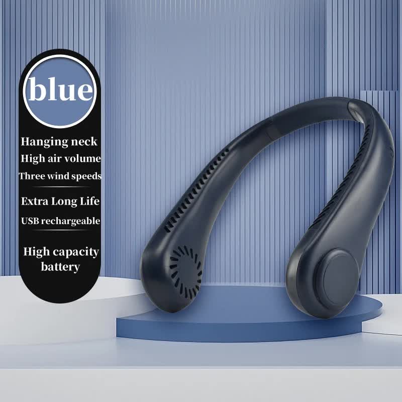 V888-ELOSUNG11740-209829-00 2PCS Blue Leafless Hanging Neck Fan - Rechargeable Portable Hands-Free Cooling Fan with 3 Speeds - Image 1