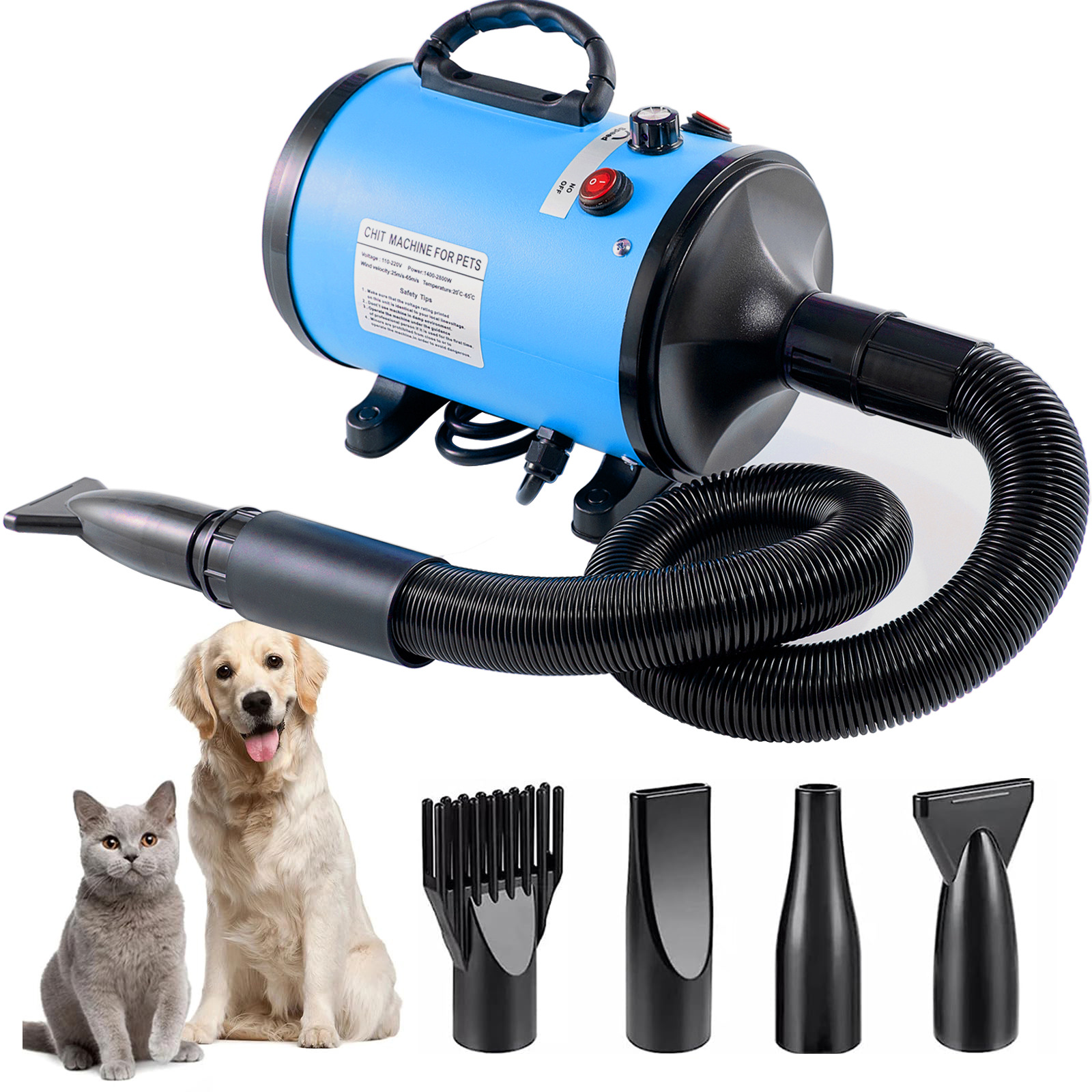 V888-ELOSUNG11775-209970-00 Pet Hair Dryer with Multiple Nozzles - Powerful and Quiet for Dogs and Cats (Blue) - Image 1