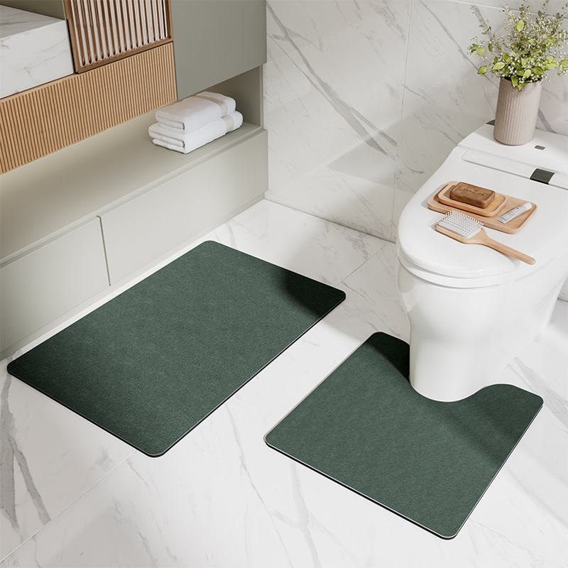 V888-ELOSUNG11789-209902-00 Green Bathroom Floor Mat Set - U-Shaped Toilet Mat 50*50cm & Rectangular 50x80cm Mat for Bathroom - Image 1