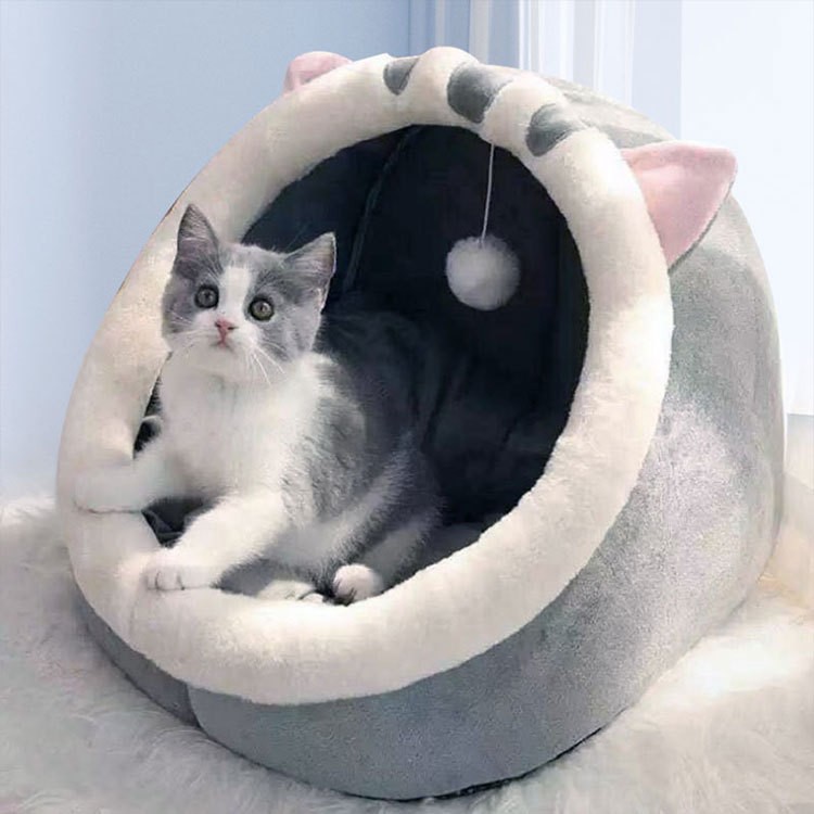 V888-ELOSUNG11808-209914-00 Gray Half-Enclosed Cat Bed - Soft Short Velvet Fabric with Sponge + PP Cotton Filling, S Size (28x28x30 cm) - Image 1