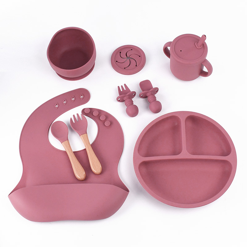 V888-ELOSUNG11935-210756-00 Rose Red 8-Piece Silicone Children's Tableware Set - BPA-Free Baby Feeding Utensils with Wooden Fork and Spoon, Cup, Bowl, and Bibs - Image 1