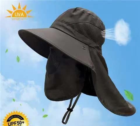 V888-ELOSUNG12061-210231-00 Black Outdoor UV Protection Hat for Men - Detachable Face & Neck Shield, Large Brim Sun Hat for Fishing, Hiking, and Outdoor Activities - Image 1