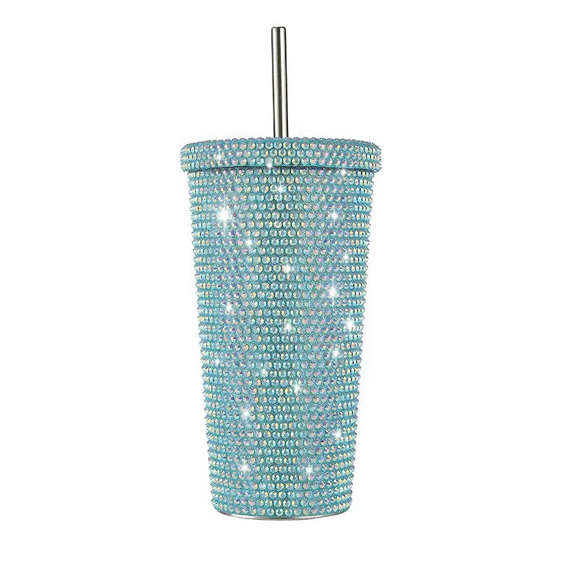 V888-ELOSUNG12105-210406-00 Blue Diamond-Inlaid Insulated 304 Stainless Steel Cup with Straw - Double-Walled, Rhinestone Coffee Mug, Gift Cup for Beverages - Image 1