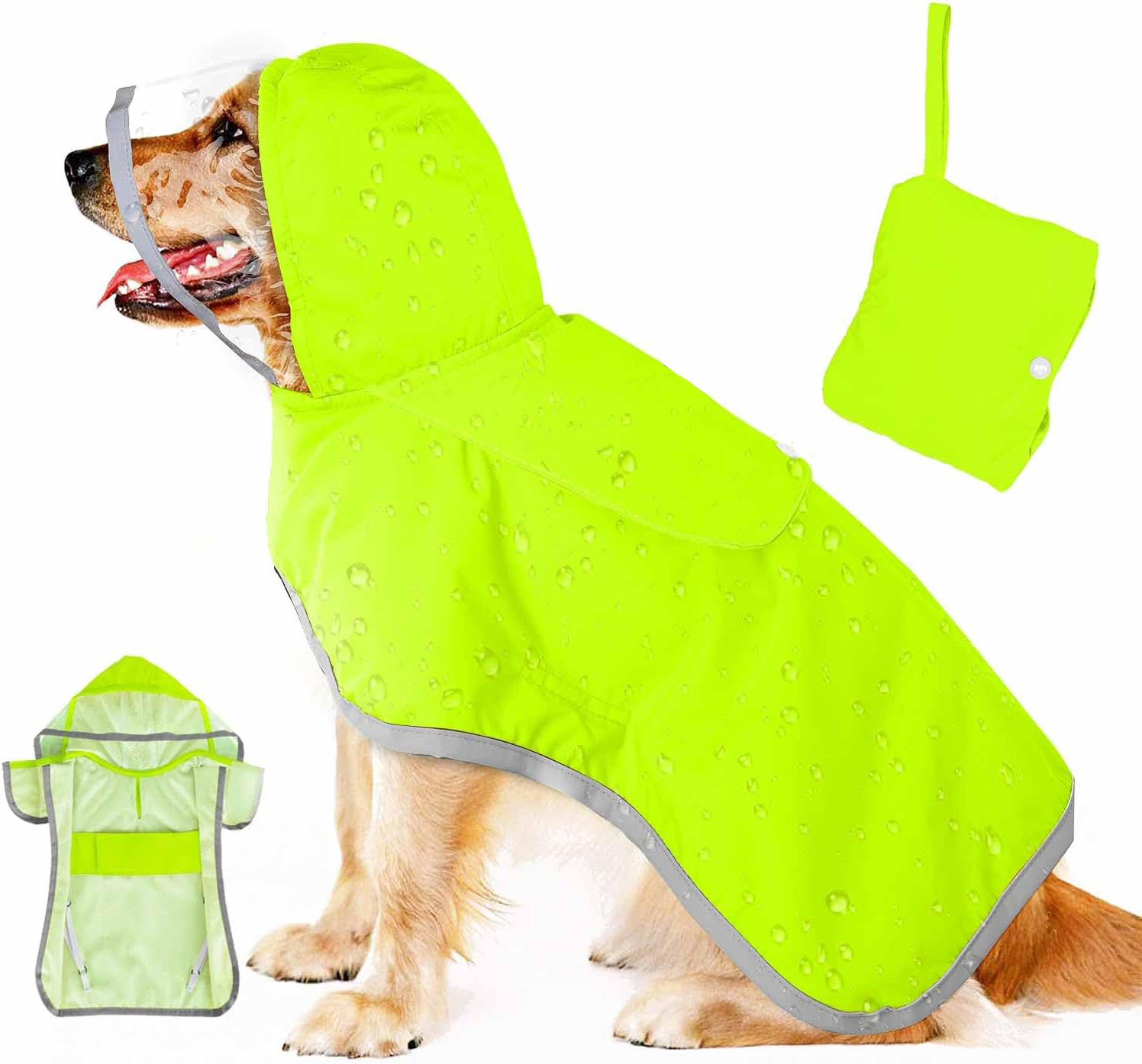 V888-ELOSUNG12120-210414-00 S Green Reflective Adjustable Pet Raincoat with Hood - Waterproof Dog Jacket, Adjustable Dog Poncho for Outdoor Protection - Image 1