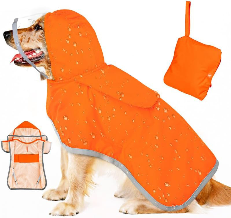 V888-ELOSUNG12130-210423-00 XL Orange Reflective Adjustable Pet Raincoat with Hood - Waterproof Dog Jacket, Adjustable Dog Poncho for Outdoor Protection - Image 1