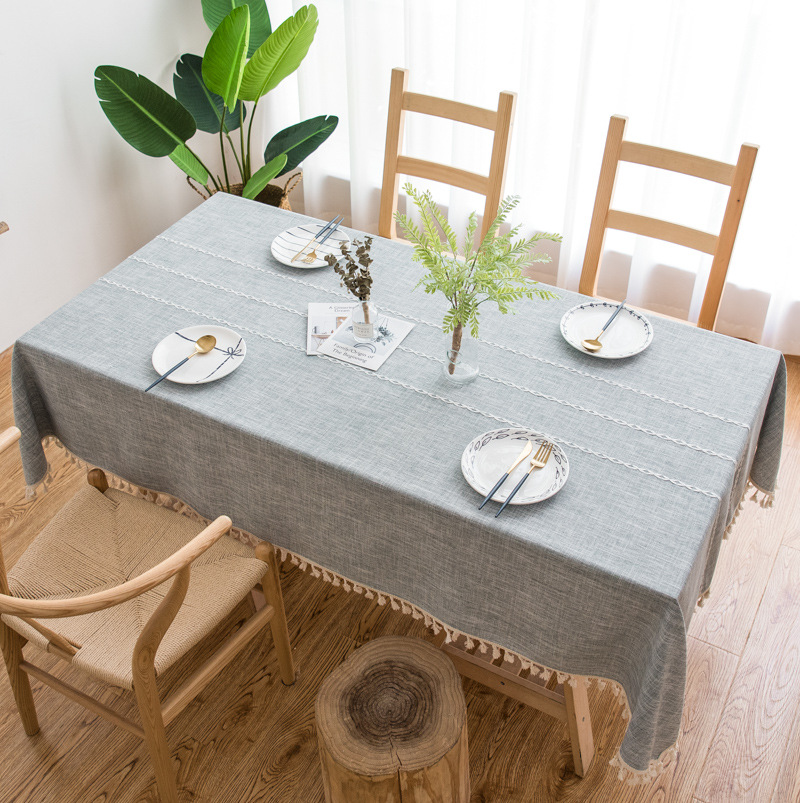 V888-ELOSUNG12200-210640-00 140cm*90cm Grey Striped Cotton Linen Embroidered Tassel Tablecloth - European & American Pastoral Style for Restaurants - Image 1