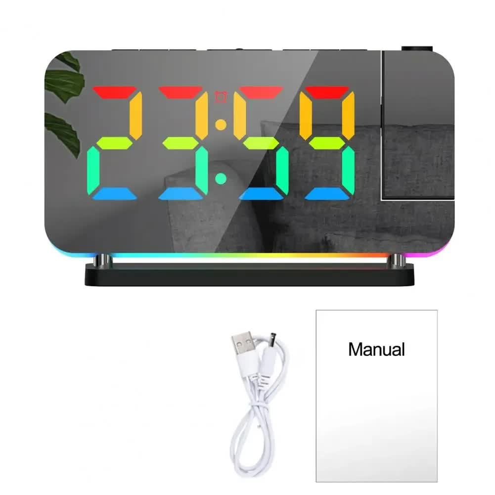 V888-ELOSUNG12290-211005-00 Black RGB LED Projection Alarm Clock, Multi-Color Night Light with Snooze Function, Home Decor Digital Clock - Image 1
