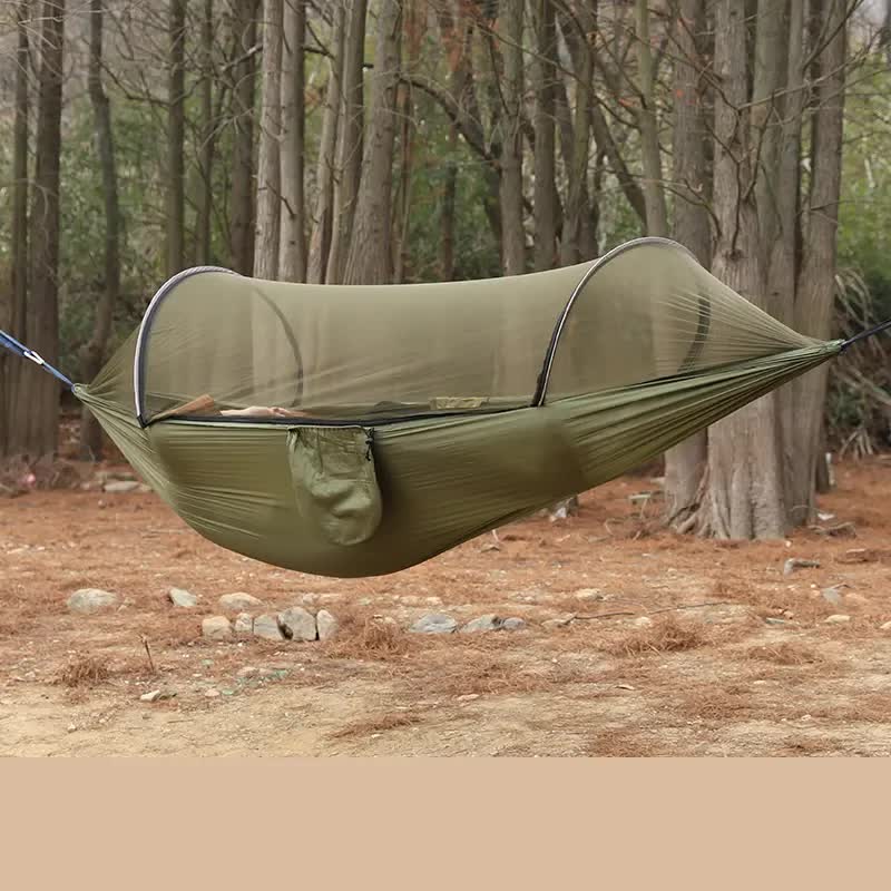 V888-ELOSUNG12295-211016-00 Military Green Outdoor Camping Hammock with Mosquito Net, Anti-Tip Nylon Fabric, Single/Double Person Quick-Setup Hammock - Image 1