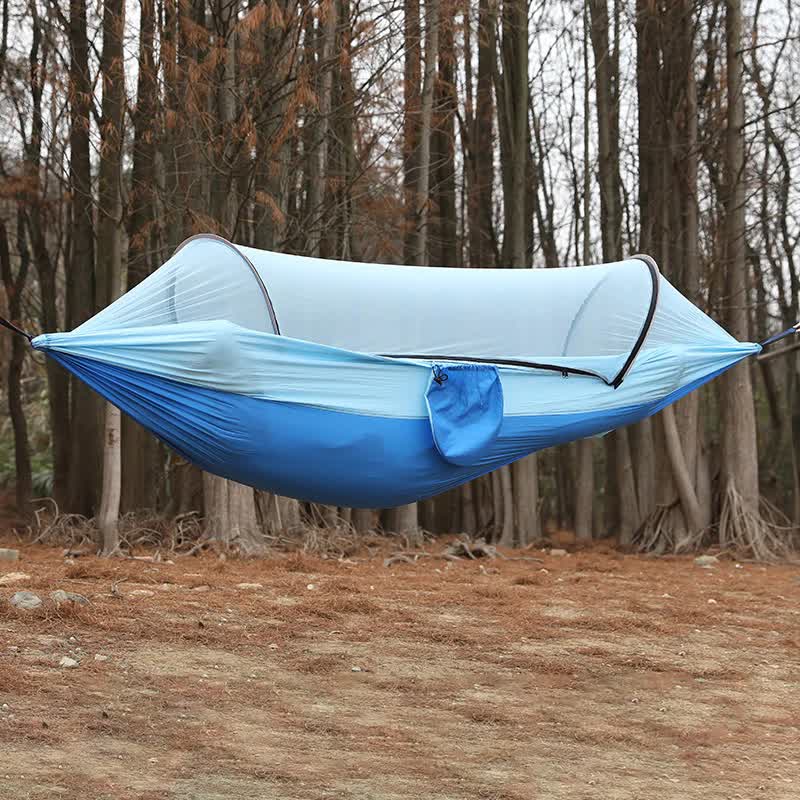 V888-ELOSUNG12296-211139-00 Blue Outdoor Camping Hammock with Mosquito Net, Anti-Tip Nylon Fabric, Single/Double Person Quick-Setup Hammock - Image 1