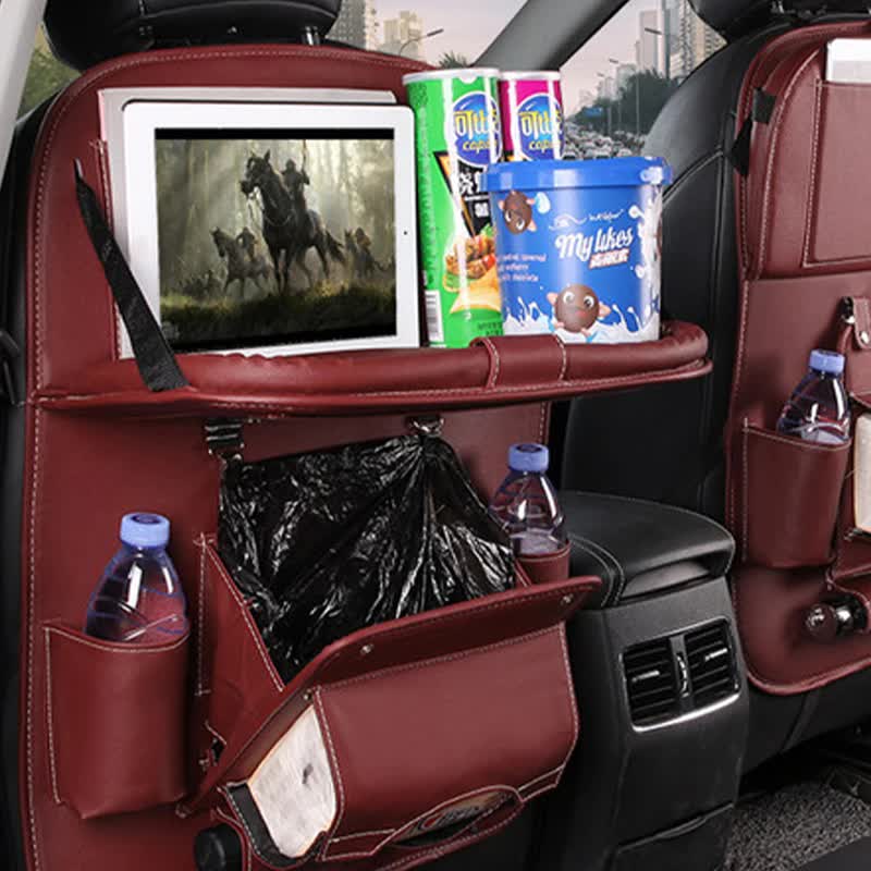 V888-ELOSUNG12343-211513-00 Rose Madder Leather Car Backseat Organizer with Foldable Tray Table & Trash Bag - Multi-functional Car Storage Solution - Image 1