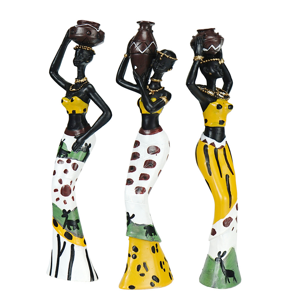 V888-ELOSUNG12446-211728-00 Yellow Maiden Praying for Rain 3-Piece Set - African-Style Home Decor Accents for Tabletop and Shelf Display - Image 1