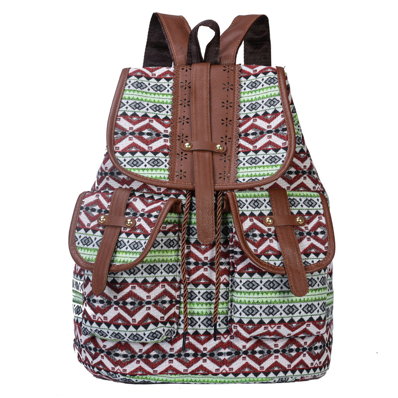 V888-ELOSUNG12566-212398-00 Green Bohemian Style Canvas Backpack - Vintage Tribal Pattern Travel Bag with Leather Straps - Image 1