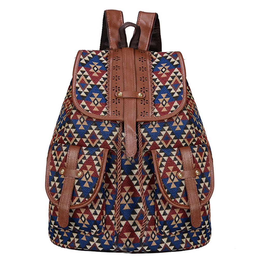 V888-ELOSUNG12567-212400-00 Lozenge Pattern Bohemian Style Canvas Backpack - Vintage Tribal Pattern Travel Bag with Leather Straps - Image 1