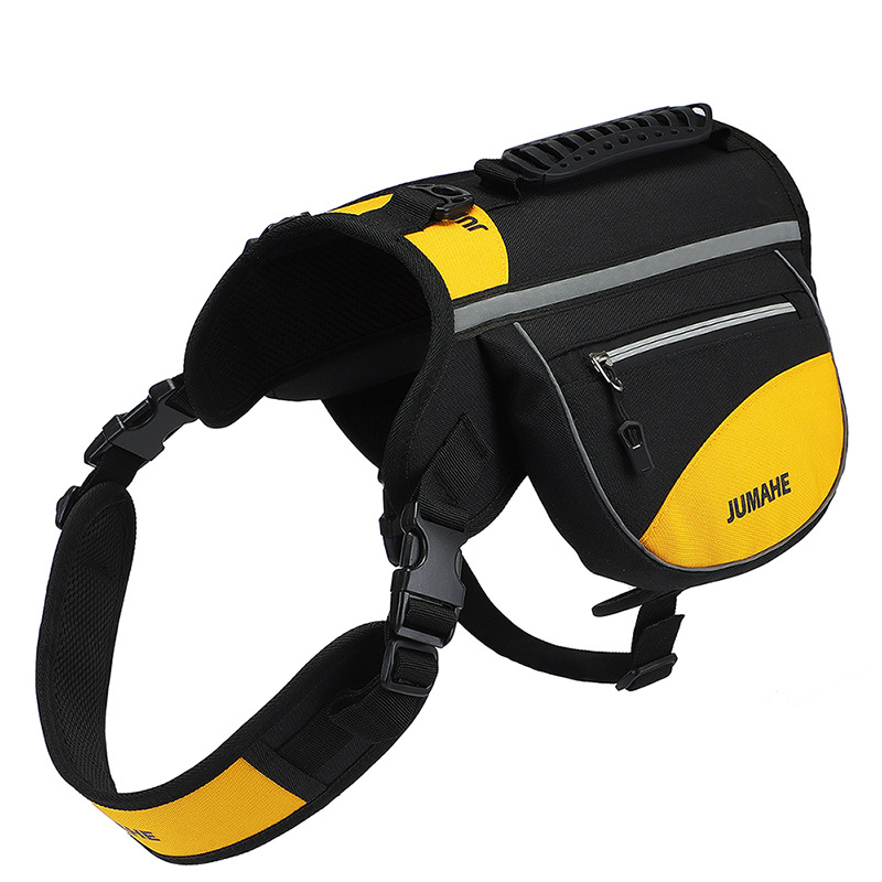 V888-ELOSUNG12575-212340-00 Yellow Reflective Dog Saddle Harness with Storage Bags - Adjustable Pet Backpack for Outdoor Adventures - Image 1