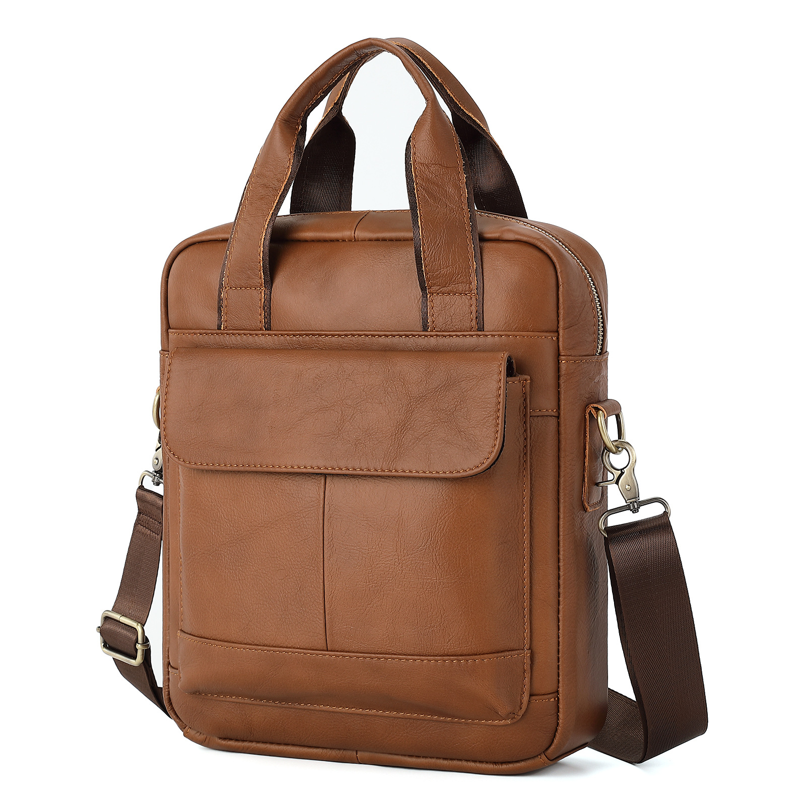 V888-ELOSUNG12654-212871-00 Light Brown Men's Genuine Leather Shoulder Bag - Vintage Business Briefcase - Image 1