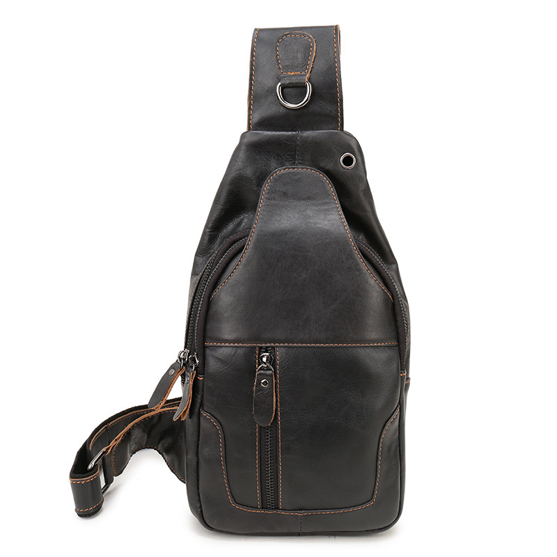 V888-ELOSUNG12657-212646-00 Black Men's Leather Sling Backpack - Casual Crossbody Chest Bag - Image 1