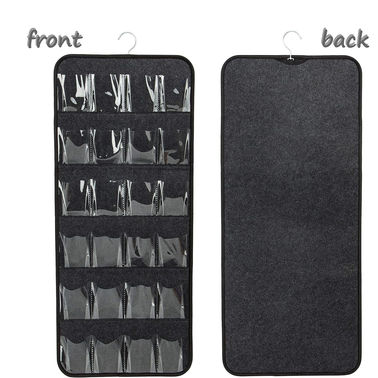 V888-ELOSUNG12836-213572-00 Dark Grey Hanging Felt Shoe Organizer with 24 Clear Pockets - Anti-Rust Metal Hanger Included, Perfect for Shoes, Toys, and Accessories - Image 1