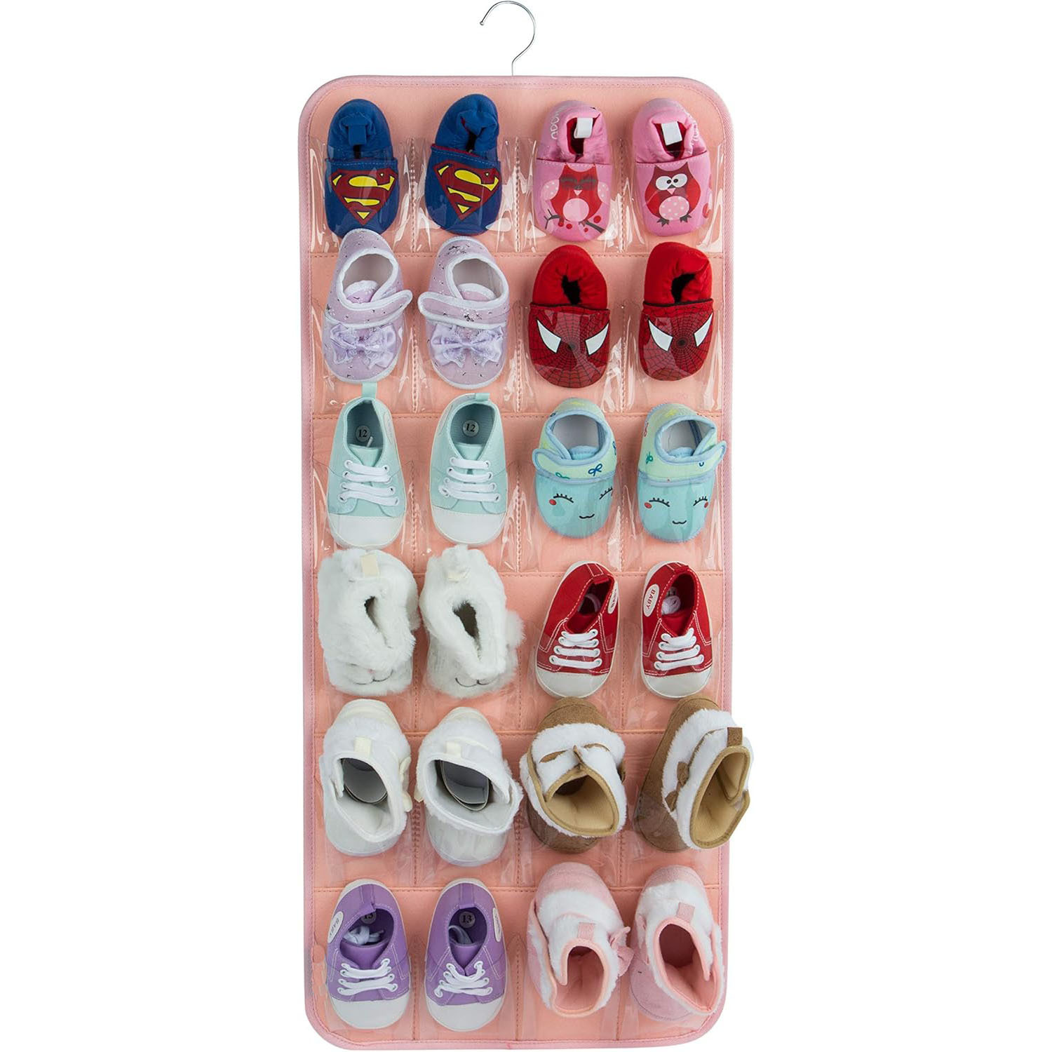 V888-ELOSUNG12838-213570-00 Pink Hanging Felt Shoe Organizer with 24 Clear Pockets - Anti-Rust Metal Hanger Included, Perfect for Shoes, Toys, and Accessories - Image 1