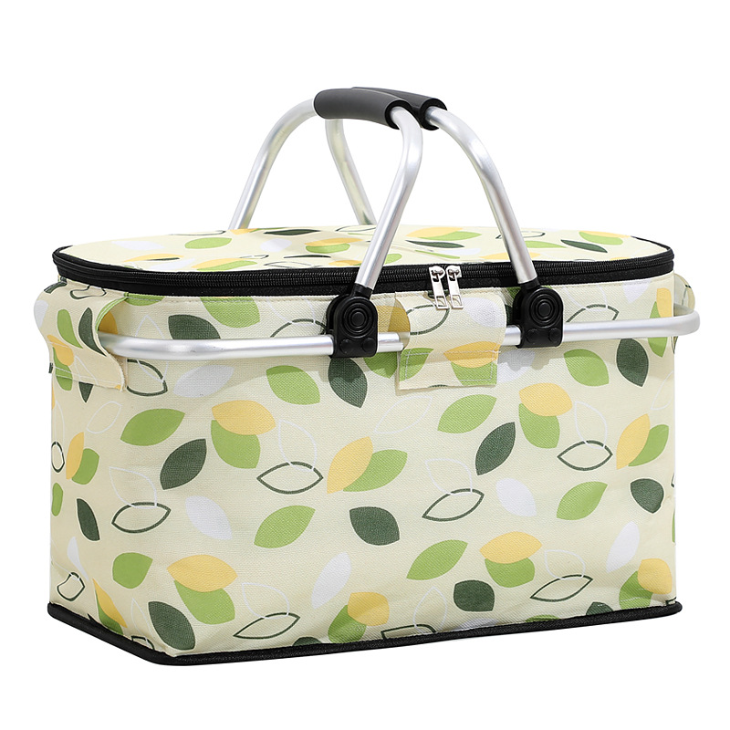V888-ELOSUNG12929-213866-00 Green Leaves Portable Aluminum Foil Insulated Picnic Basket with Zipper Lid, 40x20x23cm - Image 1