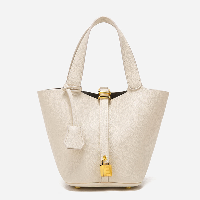 V888-ELOSUNG12949-213899-00 Beige Elegant Women's Leather Tote Handbag with Gold Lock Detail - Image 1