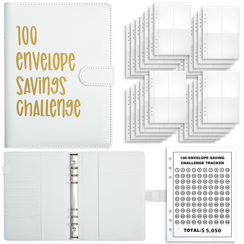 V888-ELOSUNG12983-213997-00 White 100-Day Savings Challenge Cash Binder with Tracker and Refillable Notebook - Image 1