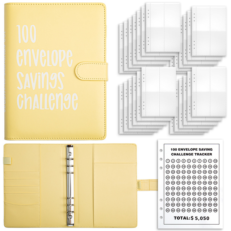 V888-ELOSUNG12984-213996-00 Yellow 100-Day Savings Challenge Cash Binder with Tracker and Refillable Notebook - Image 1