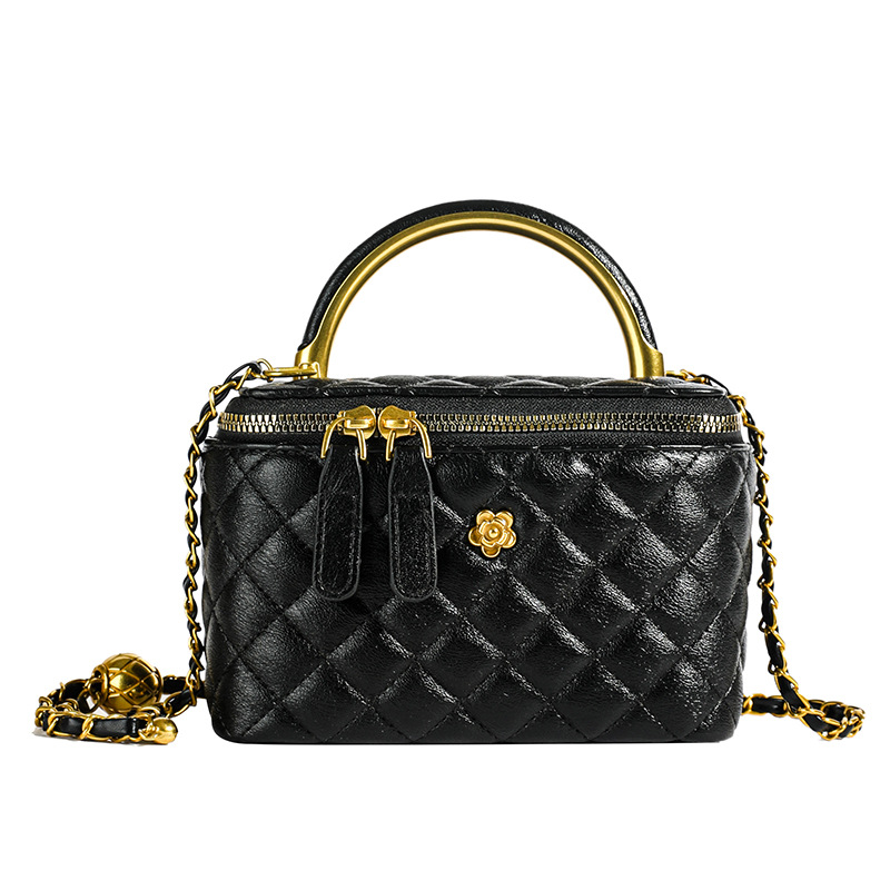V888-ELOSUNG12996-214051-00 Black Luxury Quilted Mini Box Handbag with Chain Strap and Metal Handle - Elegant Evening Purse - Image 1