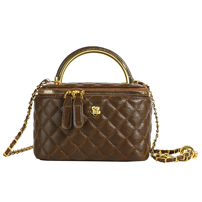 V888-ELOSUNG12999-214048-00 Brown Luxury Quilted Mini Box Handbag with Chain Strap and Metal Handle - Elegant Evening Purse - Image 1