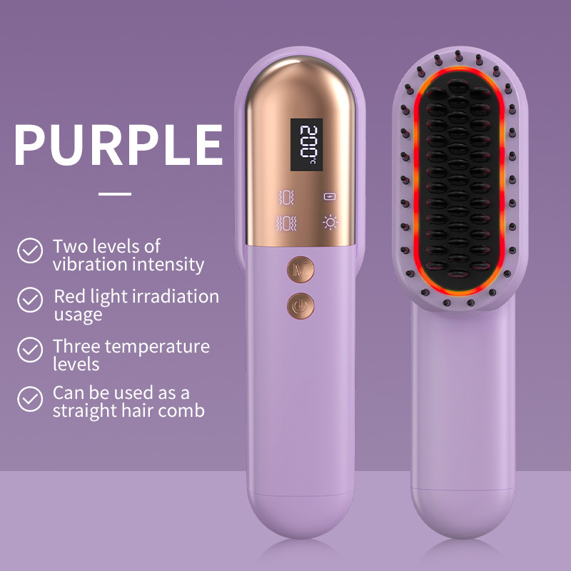 V888-ELOSUNG13013-210035-00 Purle Mini Rechargeable Ionic Hair Straightening Comb | Portable Wireless Vibration Massage Brush for Frizz-Free, Smooth Hair - Image 1