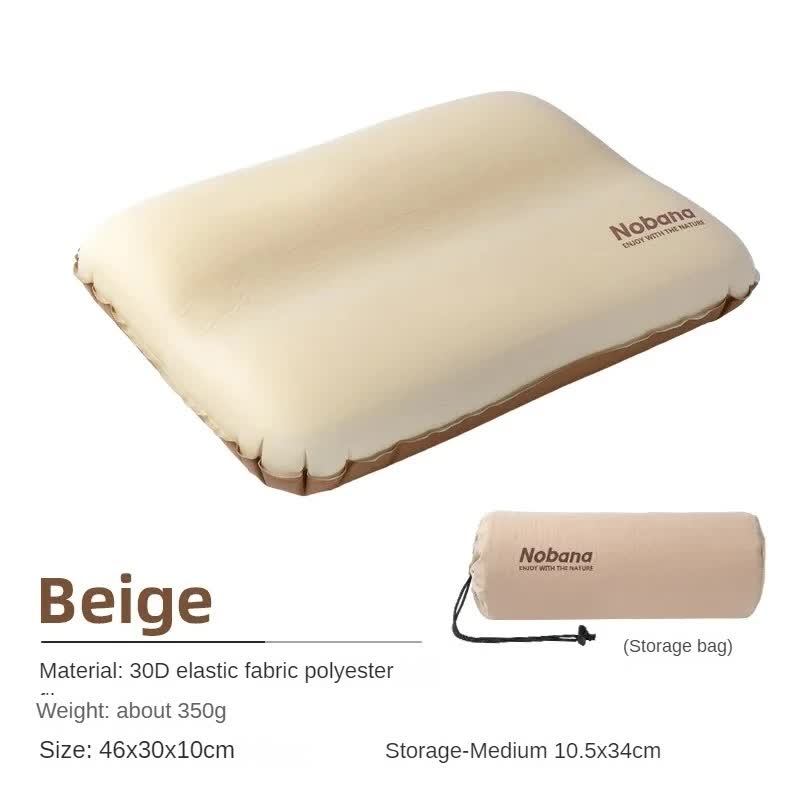 V888-ELOSUNG13228-210731-00 Beige Automatic Inflatable 3D Outdoor Sponge Pillow - Portable Camping Travel Neck Cushion, Comfortable Air Mattress for Tent, Versatile Nap Pillow - Image 1