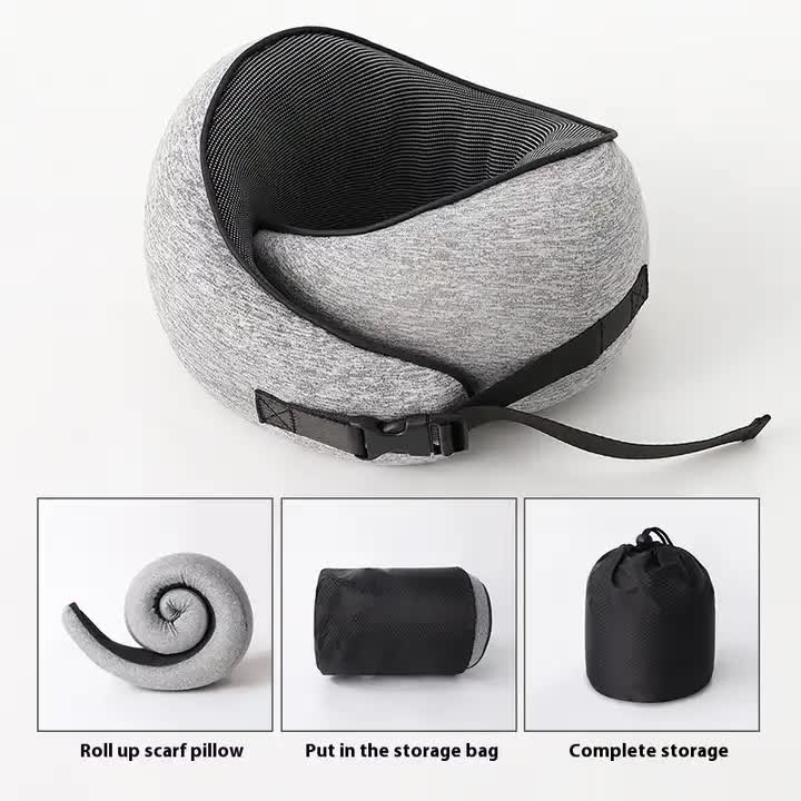 V888-ELOSUNG13353-211385-00 Light Gray Buckle Tape Memory Foam U-Shaped Neck Pillow - Snail Travel Cushion for Airplane, Office Nap, and Travel - Adjustable with Magnetic Therapy Cloth - Image 1