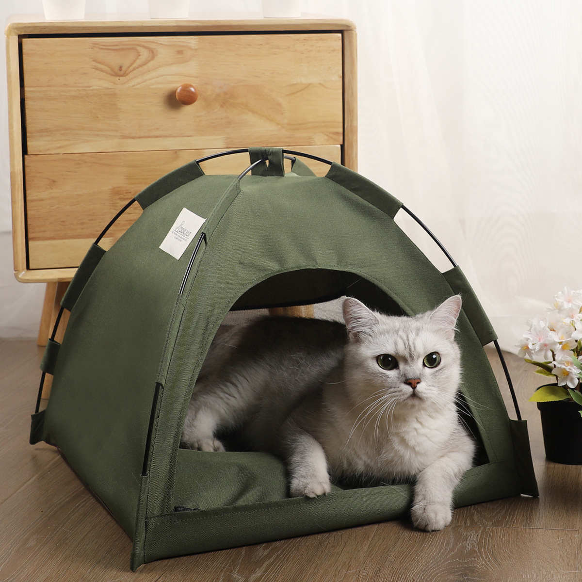 V888-ELOSUNG13368-211457-00 S Green Foldable Breathable Summer Pet Tent with Cooling Mat – Portable Outdoor and Indoor Pet Shelter - Image 1