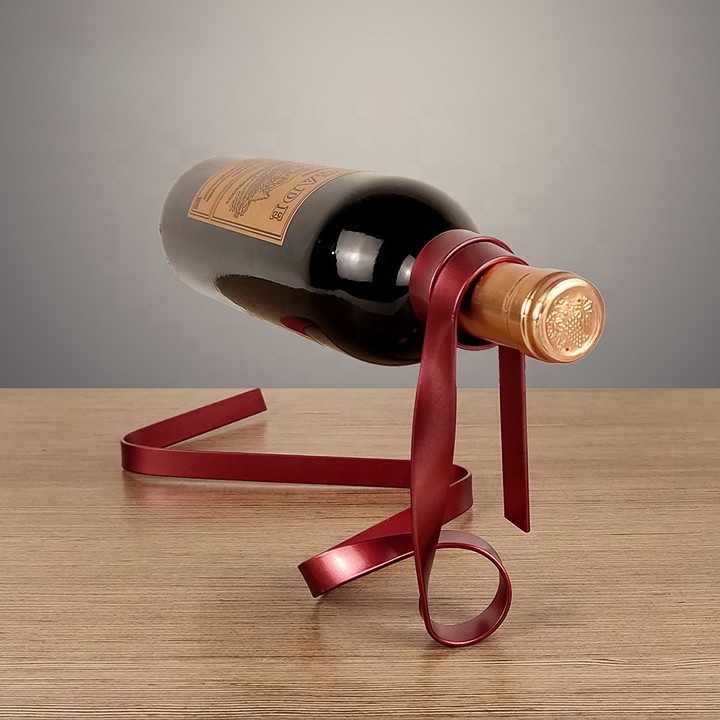 V888-ELOSUNG13543-212141-00 Red Modern Ribbon Wine Bottle Holder - Creative Floating Wine Rack for Home and Bar Décor - Image 1