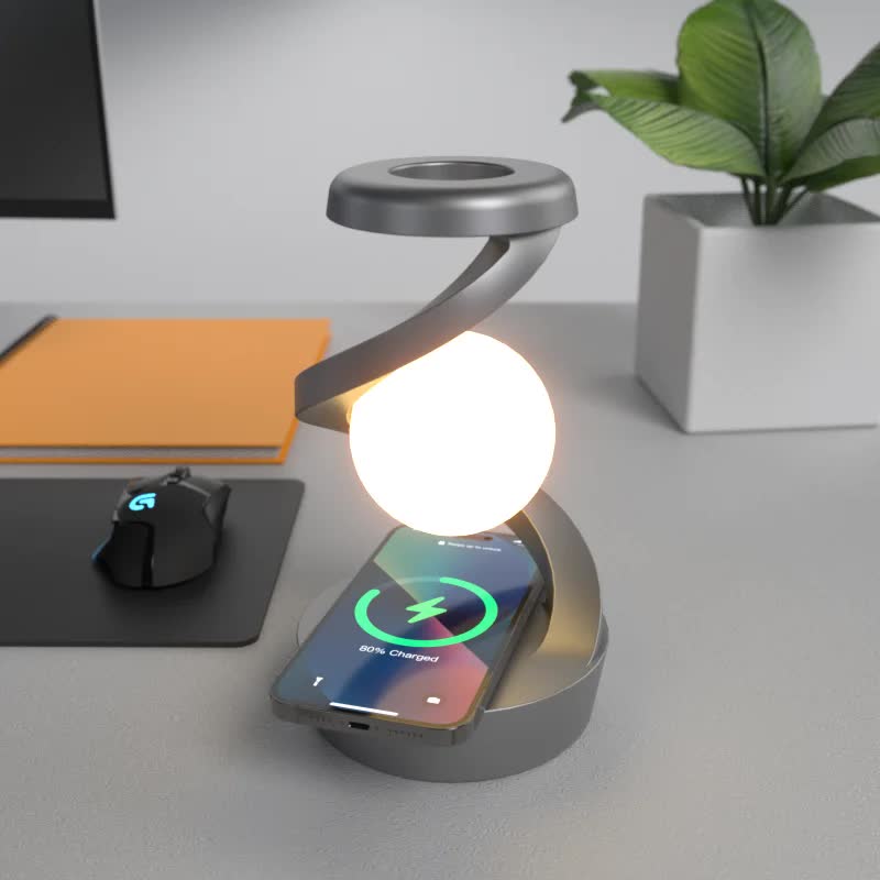 V888-ELOSUNG13563-212191-00 Black 360° Rotating Floating Night Light – Wireless Charging Table Lamp | 7-Color RGB Atmosphere Light | USB Rechargeable for Bedroom, Bedside, Desk, Camping, and Party Décor - Image 1